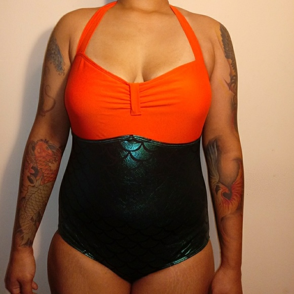 Orange Bralette Splice Metallic Mermaid One Piece - Picture 2 of 8